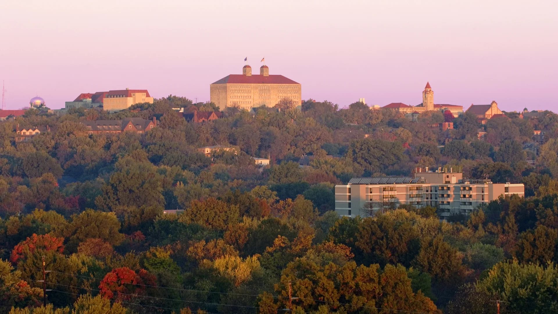 University of Kansas campus above the autumn trees in Lawrence